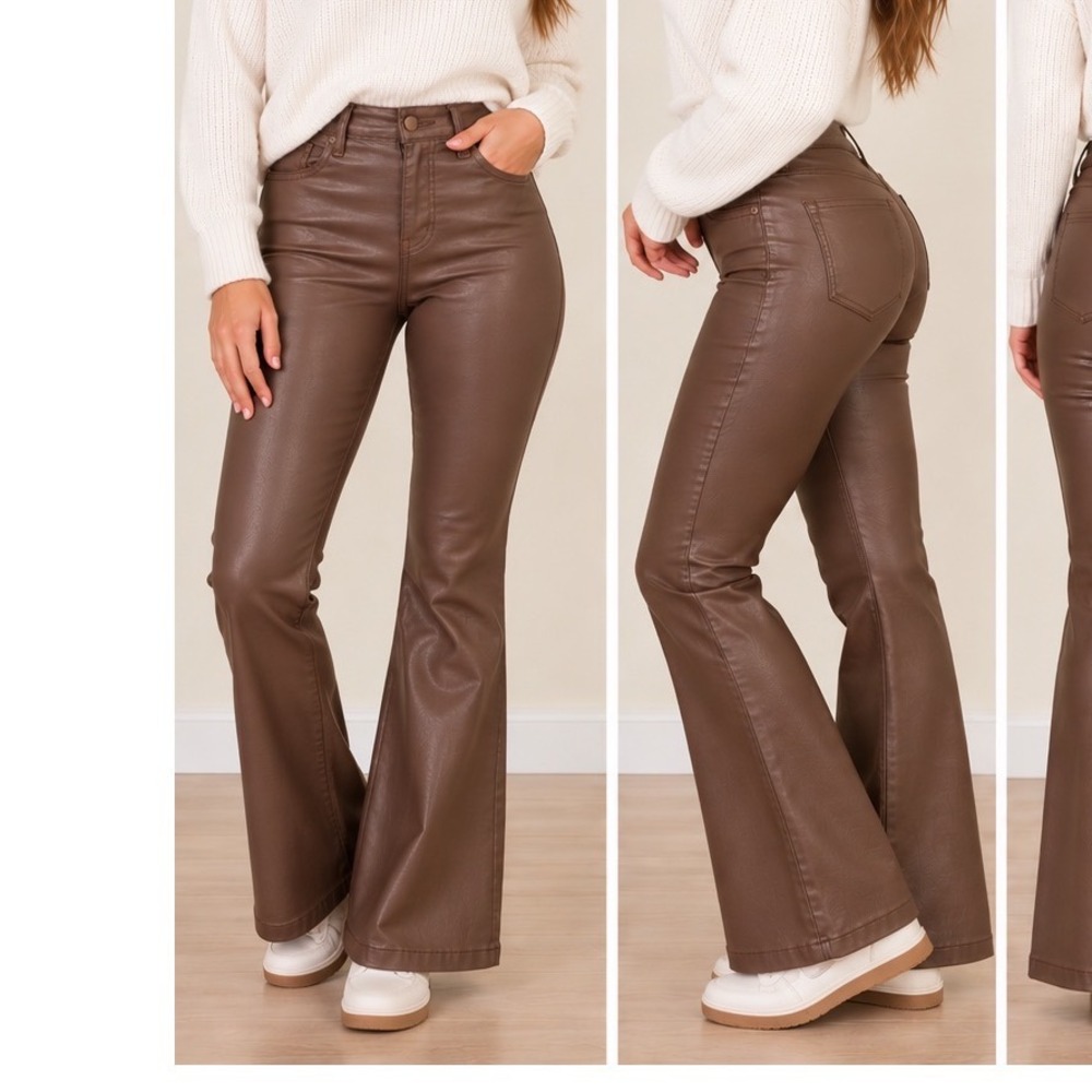 Edikted Coated Flare Pants Size M Chocolate Brown High Rise Y2K Faux Leather